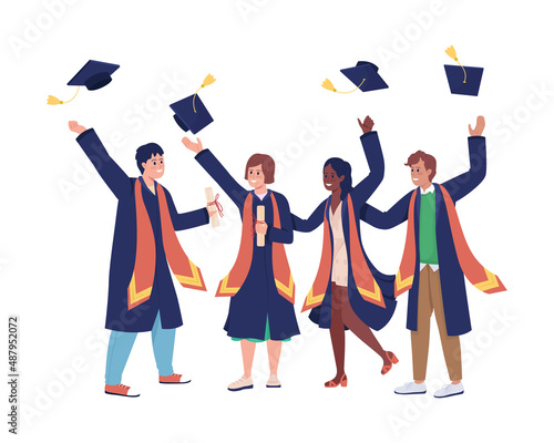 Happy graduation ceremony semi flat color vector characters. Standing figures. Full body people on white. Festive celebration simple cartoon style illustration for web graphic design and animation