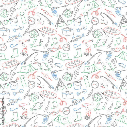 Seamless pattern on the theme of fishing, simple colored contour icons on white background