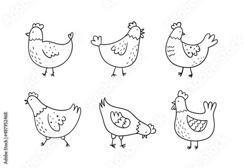 Hand drawn cute chickens set. Doodle sketch style. Funny domestic birds, farm and poultry concept. Simple linear vector illustration.
