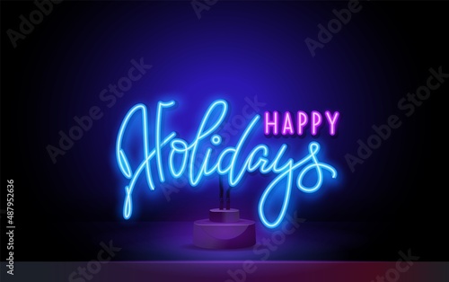 Happy Holidays Neon Text Vector. Happy Holidays neon sign, design template, modern trend design, night neon signboard, night bright advertising, light banner, light art.
