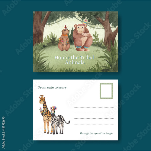 Postcard template with jungle tribal animal concept,watercolor style