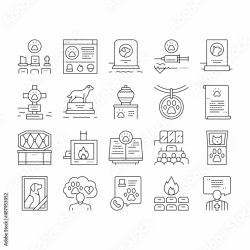 Pet Funeral Cemetery Collection Icons Set Vector .