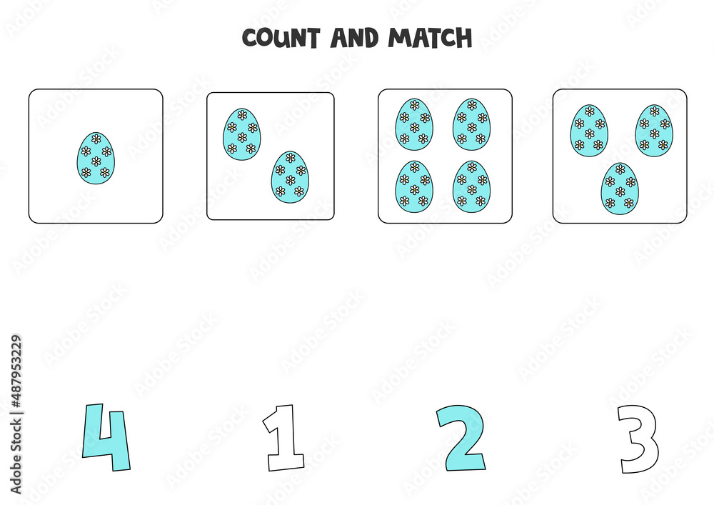 Counting game for kids. Count all Easter eggs and match with numbers. Worksheet for children.