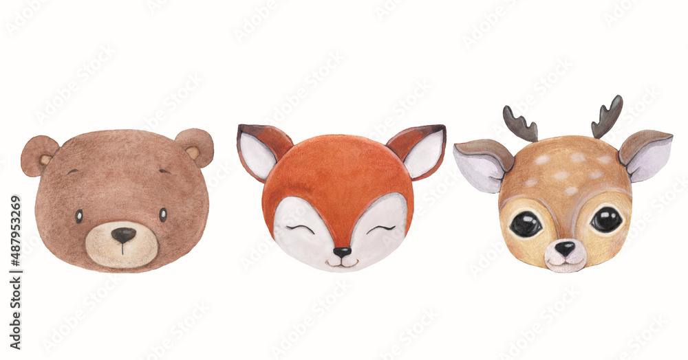 A set of watercolor illustrations of the faces of forest animals: bear, fox and deer.
A set of watercolor illustrations of the faces of forest animals: bear, fox and deer.