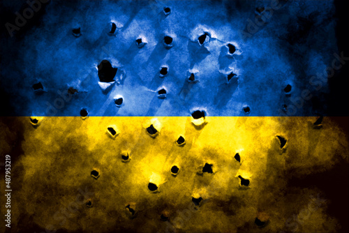 with Ukraine. Ukrainian symbols. Stop the war. Stop Russian Putin. flag with bullet holes