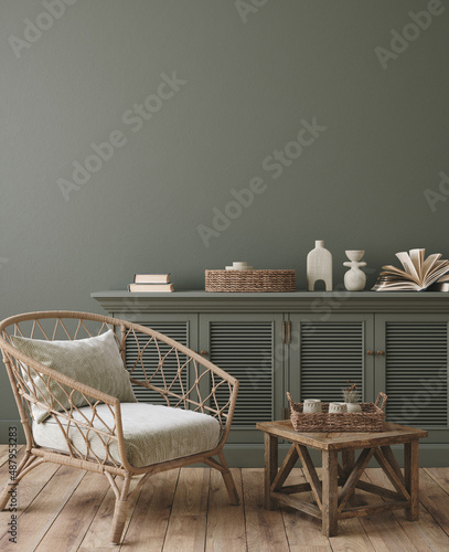Fototapeta Naklejka Na Ścianę i Meble -  Blank wall mockup in farmhouse living room interior, 3d render