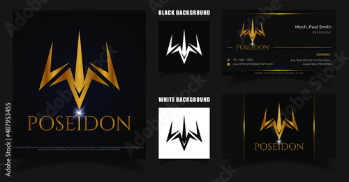Poseidon Trident Logo. Simple and Luxurious Company Logo Design. Business card design 