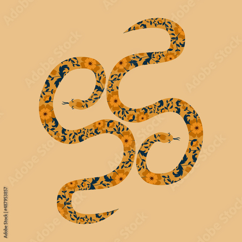 Two snakes with floral ornament. Vintage flowers and serpents hand drawn vector illustration. Retro postcard.