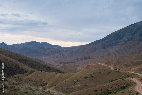 Beautiful off-road trail canyon among mountains. The road to Bartogay reservoir from Assy plateau.