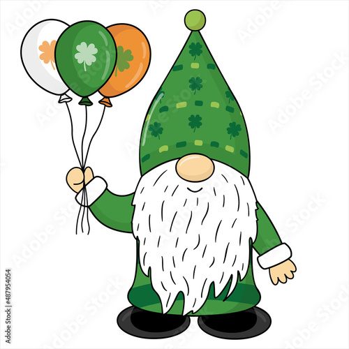 Cute leprechaun for St. Patrick's Day. Cartoon style. Dwarf with balloons in the colours of the flag of Ireland. St. Patrick's Day Gnome with shamrock