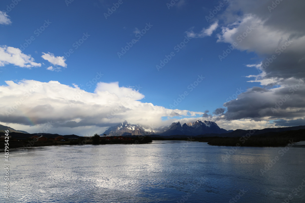 The Rio Serrano with mountains in the background in the early morning, Chile