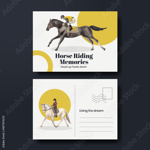 Postcard template with horseback riding concept,watercolor style