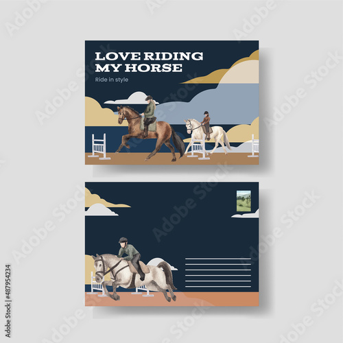 Postcard template with horseback riding concept,watercolor style