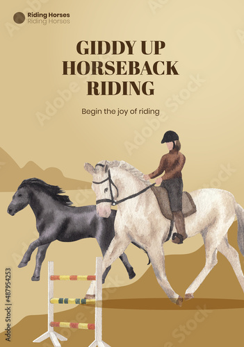 Poster template with horseback riding concept,watercolor style