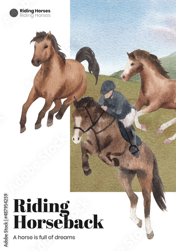 Poster template with horseback riding concept,watercolor style