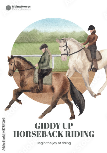 Poster template with horseback riding concept,watercolor style