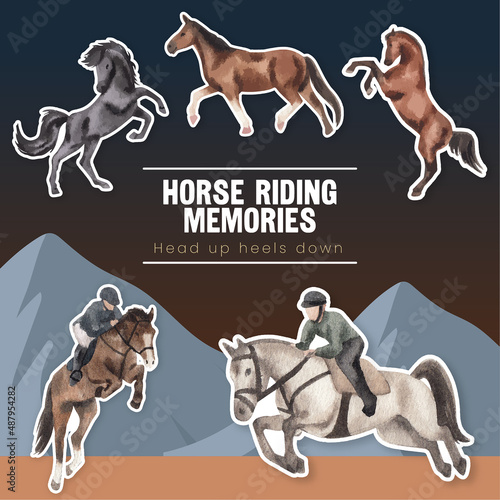 Sticker template with horseback riding concept,watercolor style