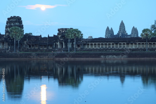 Cambodia. Angkor Wat temple. Full moon. The Hindu temple was built at the beginning of the 12th century, during the reign of Suryavarlam II. Siem Reap province.