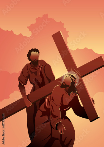 Fotografie, Obraz Simon of Cyrene Helps Jesus Carry His Cross