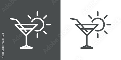 Logotipo con cocktail con copa con sol con líneas en fondo gris y fondo blanco
