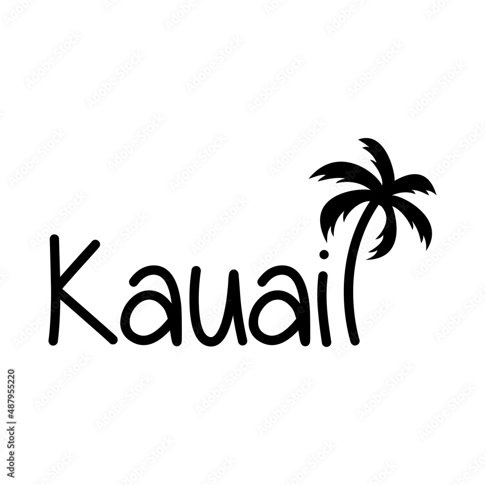 Kauai Beach. Destino de vacaciones. Banner con texto Kauai con silueta de palmera en color negro