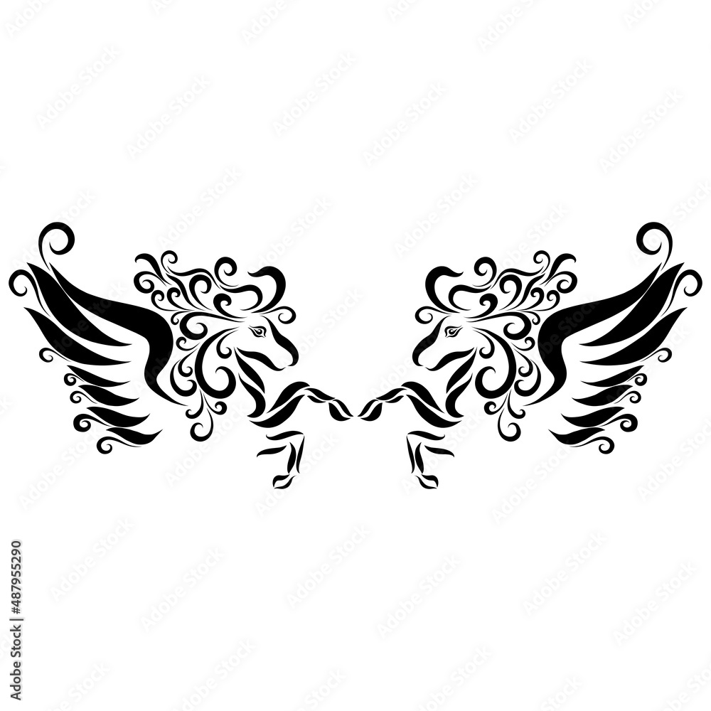 romantic couple winged pegasus with long curly mane with graceful creative pattern gallop and raise hooves and jump in black colors romantic couple winged pegasus with long curly mane with graceful creative pattern gallop and raise hooves and jump in black colors