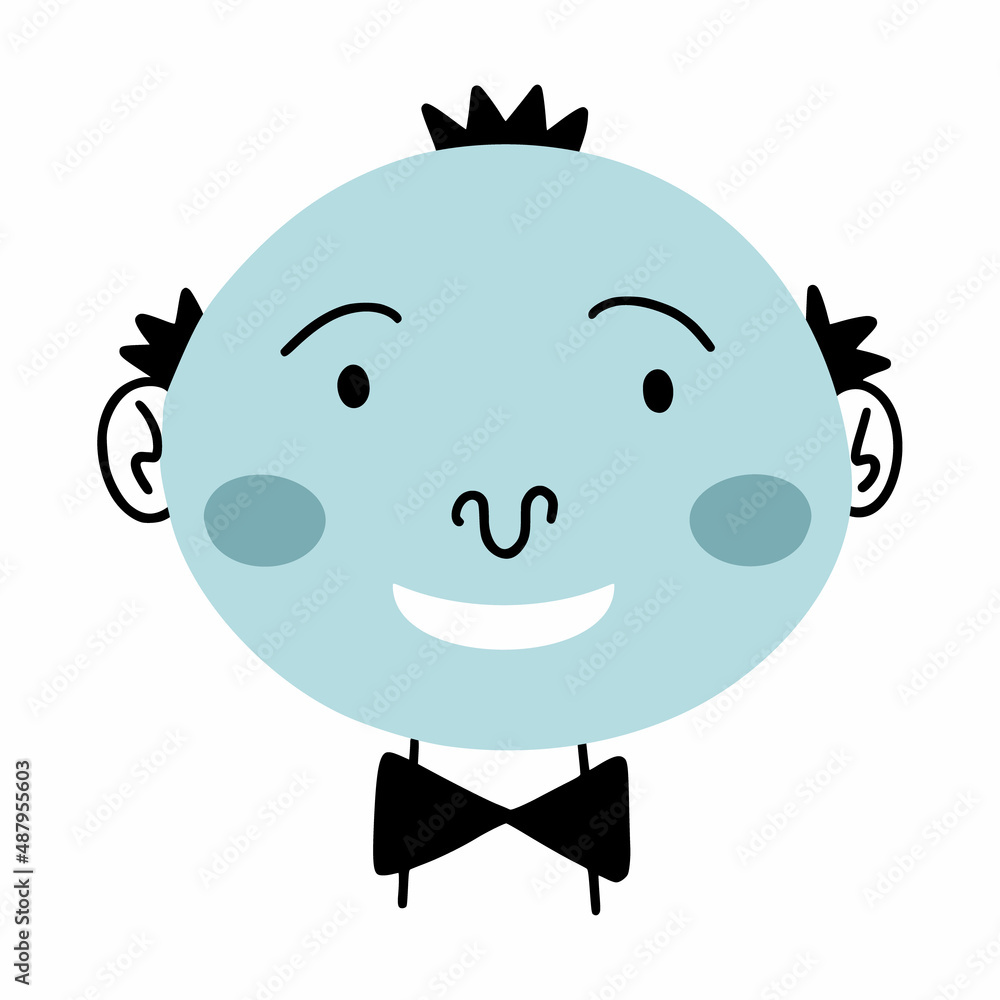 Obraz premium Cheerful man in bow tie. Person face. Vector illustration of doodles. Drawing by hand.