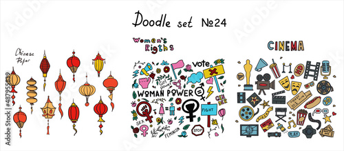 A set of doodle signs of feminism, women s rights. Hand drawn vector icons set of chinese paper lanterns and Cinema, TV Shows, Series and Movies. A rally to fight for voting rights. International