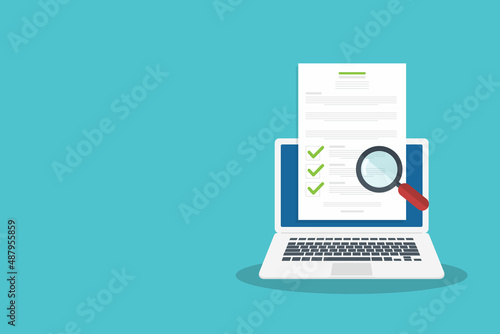 Online digital document inspection or assessment evaluation on laptop computer, contract review, analysis, inspection of agreement contract, compliance verification. Vector illustration	