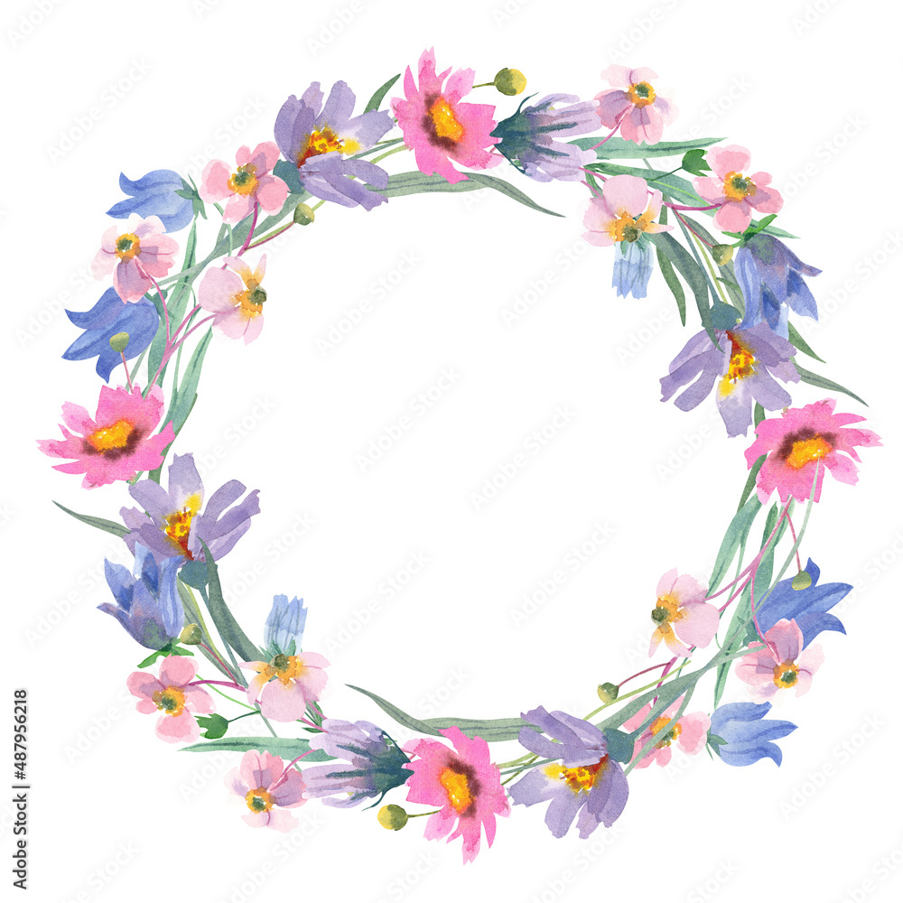 Watercolor hand painted floral round frame with pink and purple wild flowers isolated on white. Beautiful meadow wreath. Great template for greeting cards design,  invitations.