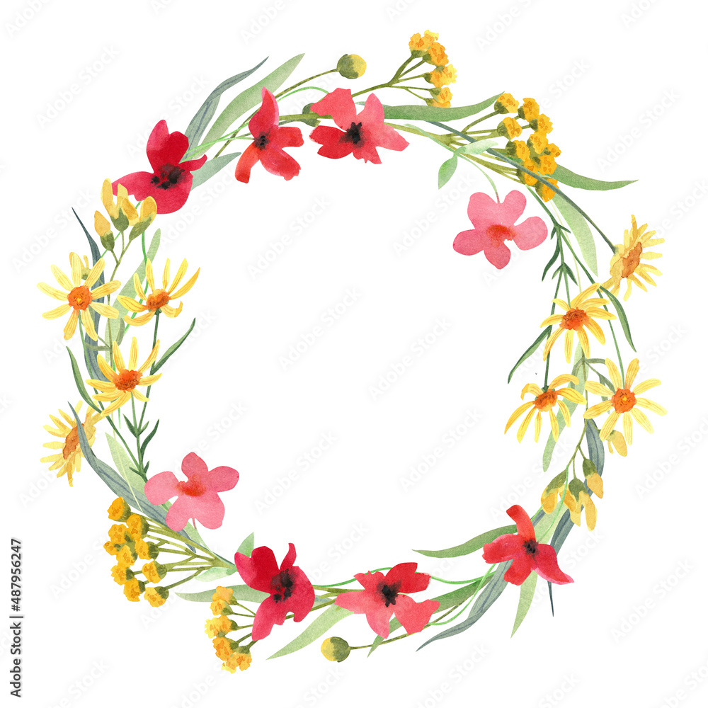 Watercolor hand painted floral round frame with yellow camomile and red poppy wild flowers isolated on white. Beautiful meadow wreath. Great template for greeting cards design,  invitations.