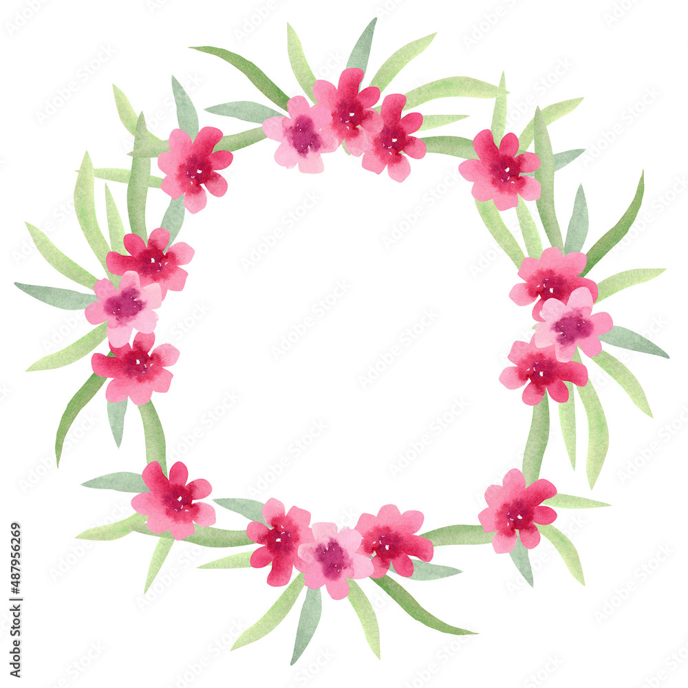 Watercolor hand painted floral round frame with green leaves and  pink flowers isolated on white. Beautiful wreath. Great template for greeting cards design,  invitations.