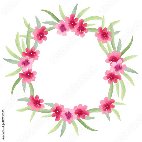 Watercolor hand painted floral round frame with green leaves and pink flowers isolated on white. Beautiful wreath. Great template for greeting cards design, invitations.