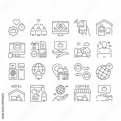 Digital Nomad Worker Collection Icons Set Vector .