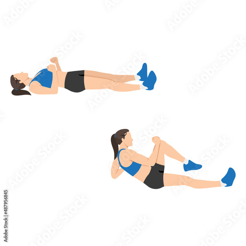 Woman doing Sprinter crunch exercise. Flat vector illustration isolated on white background