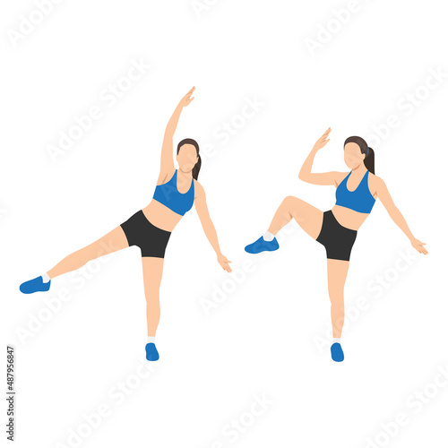 Woman doing Single leg side crunch exercise. Flat vector illustration isolated on white background