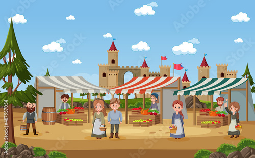 Medieval market scene with villagers