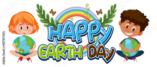 Happy Earth Day banner with two childen in cartoon style