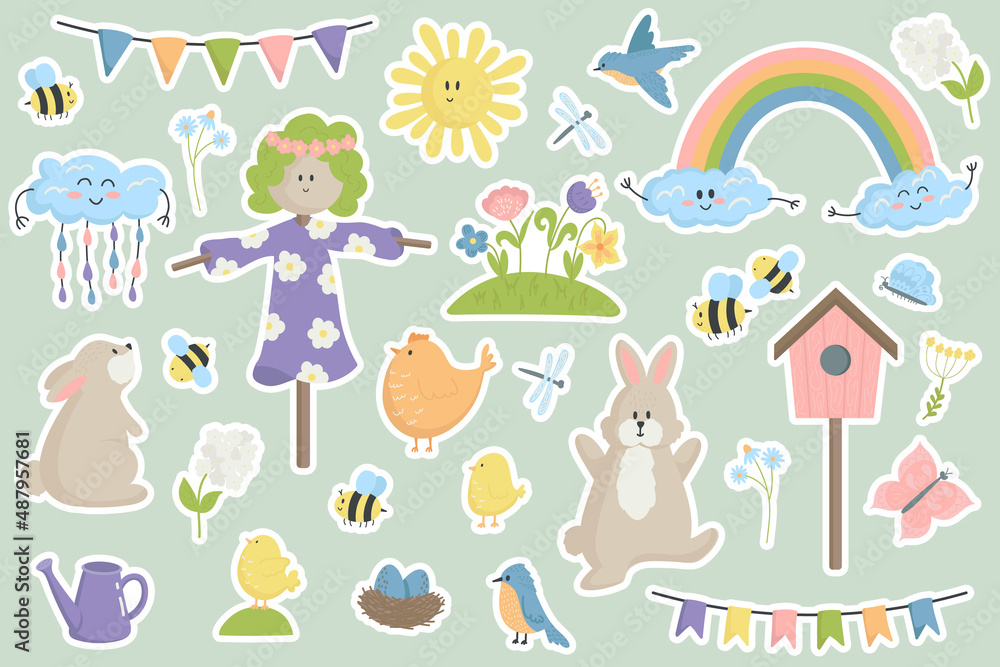 illustration isolated set of stickers with white contour spring elements scarecrow, rainbow, flower bed, rabbit.Spring stickers concept in cartoon style for scrapbooking,planner, children's art. illustration isolated set of stickers with white contour spring elements scarecrow, rainbow, flower bed, rabbit.Spring stickers concept in cartoon style for scrapbooking,planner, children's art.