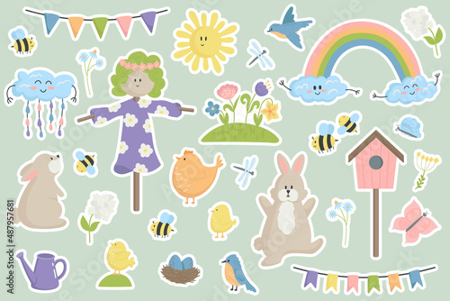 illustration isolated set of stickers with white contour spring elements scarecrow, rainbow, flower bed, rabbit.Spring stickers concept in cartoon style for scrapbooking,planner, children's art.