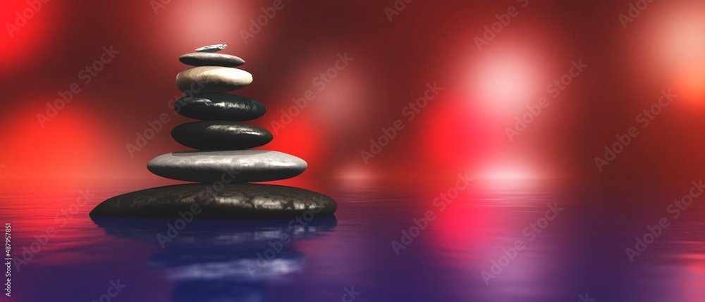 Obraz premium Pyramid of stones on blurred red background, zen pyramid of stones, 3d rendering