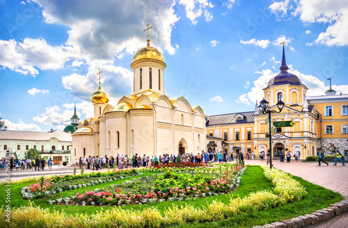 Trinity Cathedral in the Trinity-Sergius Lavra in Sergiev Posad on a summer day. Caption: Church shop