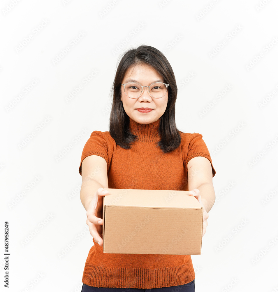 Holding Package Box or Cardboard Box and Give it To You Of Beautiful Asian Woman Isolated On White Background Holding Package Box or Cardboard Box and Give it To You Of Beautiful Asian Woman Isolated On White Background