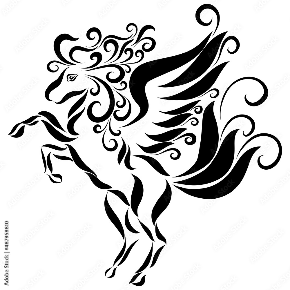 winged black pegasus with long curly mane graceful creative pattern gallops and raises its hooves