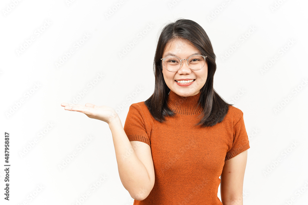 Presenting and Showing Product on Open Palm Of Beautiful Asian Woman Isolated On White Background Presenting and Showing Product on Open Palm Of Beautiful Asian Woman Isolated On White Background