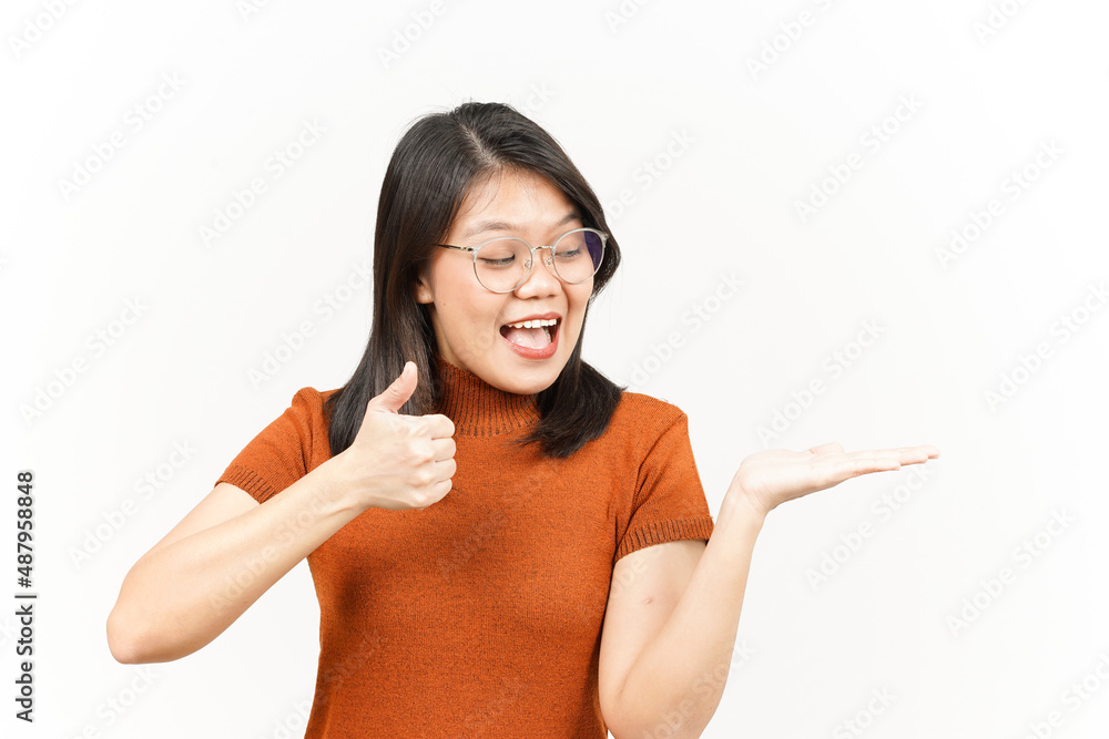 Presenting and Showing Product on Open Palm Of Beautiful Asian Woman Isolated On White Background Presenting and Showing Product on Open Palm Of Beautiful Asian Woman Isolated On White Background