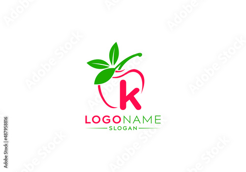 Small Letter k logo in fresh apple with green leaves, letter k logo and natural fruit apple vector shape