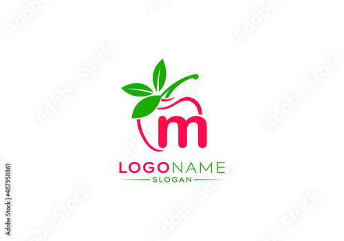Small Letter m logo in fresh apple with green leaves  letter m logo and natural fruit apple vector shape