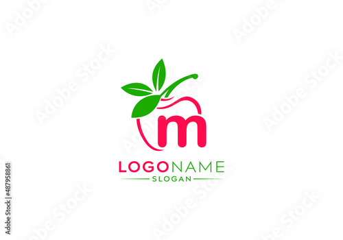 Small Letter m logo in fresh apple with green leaves, letter m logo and natural fruit apple vector shape