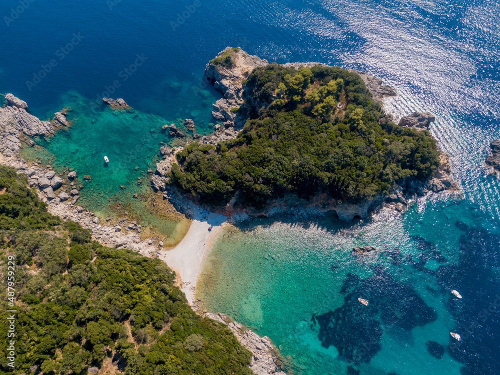 Aerial drone view of limni beach near to paleokastritsa corfu greece